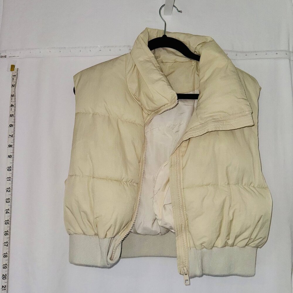 Womens Cropped Puffer Padded Vest Cream 100% Cotton Zip Up Stand Collar